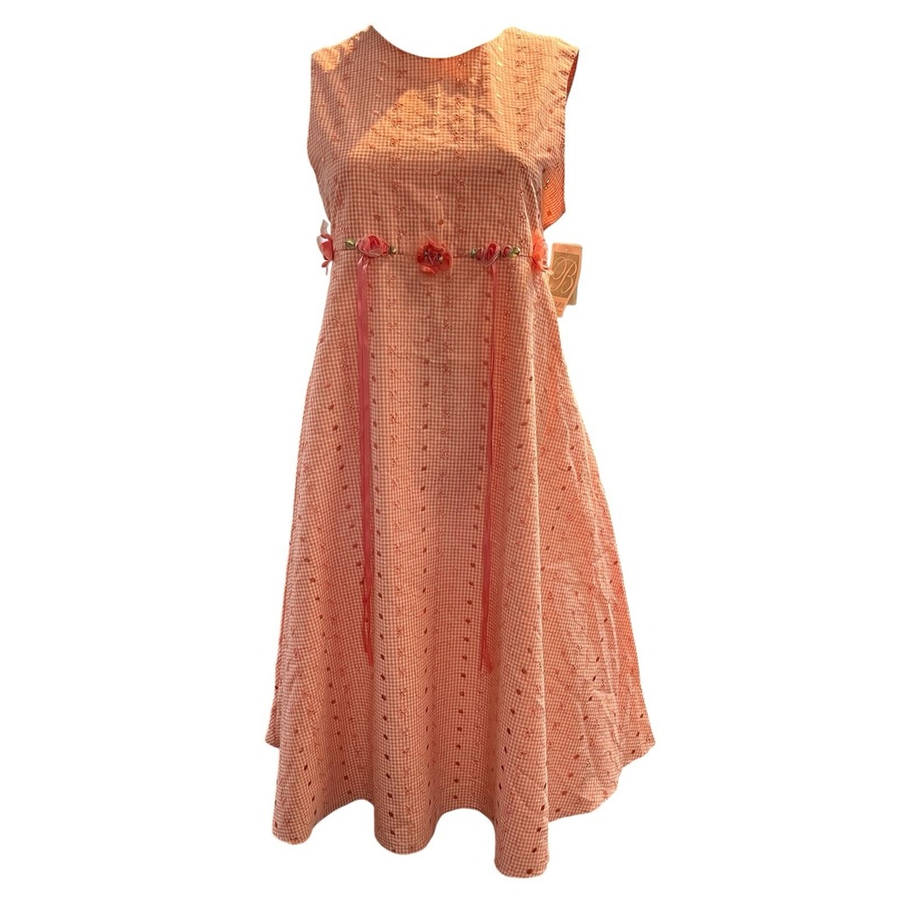 Vintage Bonnie Jean Dress Pink Gingham Floral Embrodered Cottagcore Country Farm